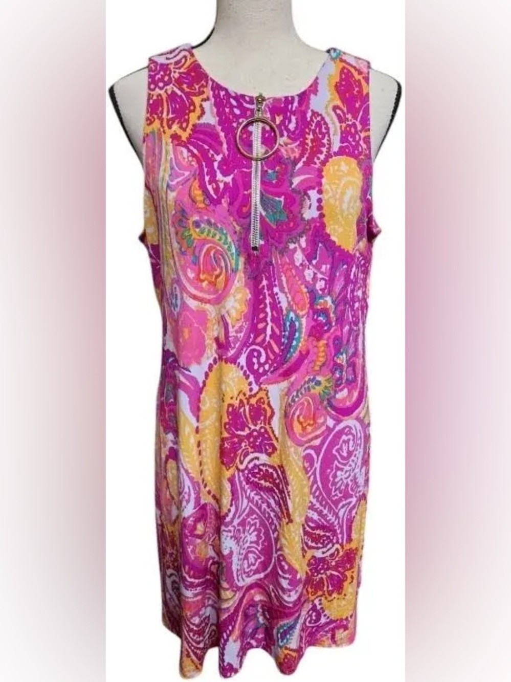 NWOT - MSK Pink & Yellow Paisley Sleeveless Midi Dress with Gold Front Zip